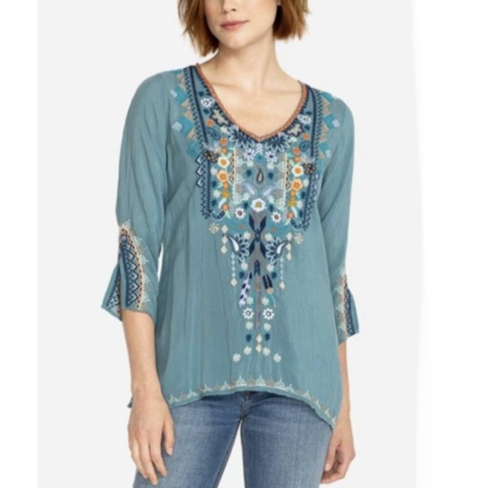 Johnny Was Maya Embroidered Blouse Top Shirt Teal Floral V-Neck Size Medium